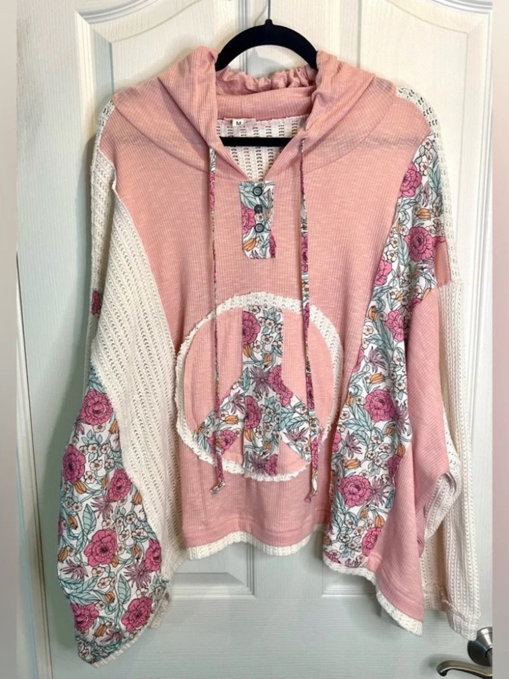 New POL Clothing Floral Peace Sign Patchwork Hoodie Boho Small Pullover Relaxed